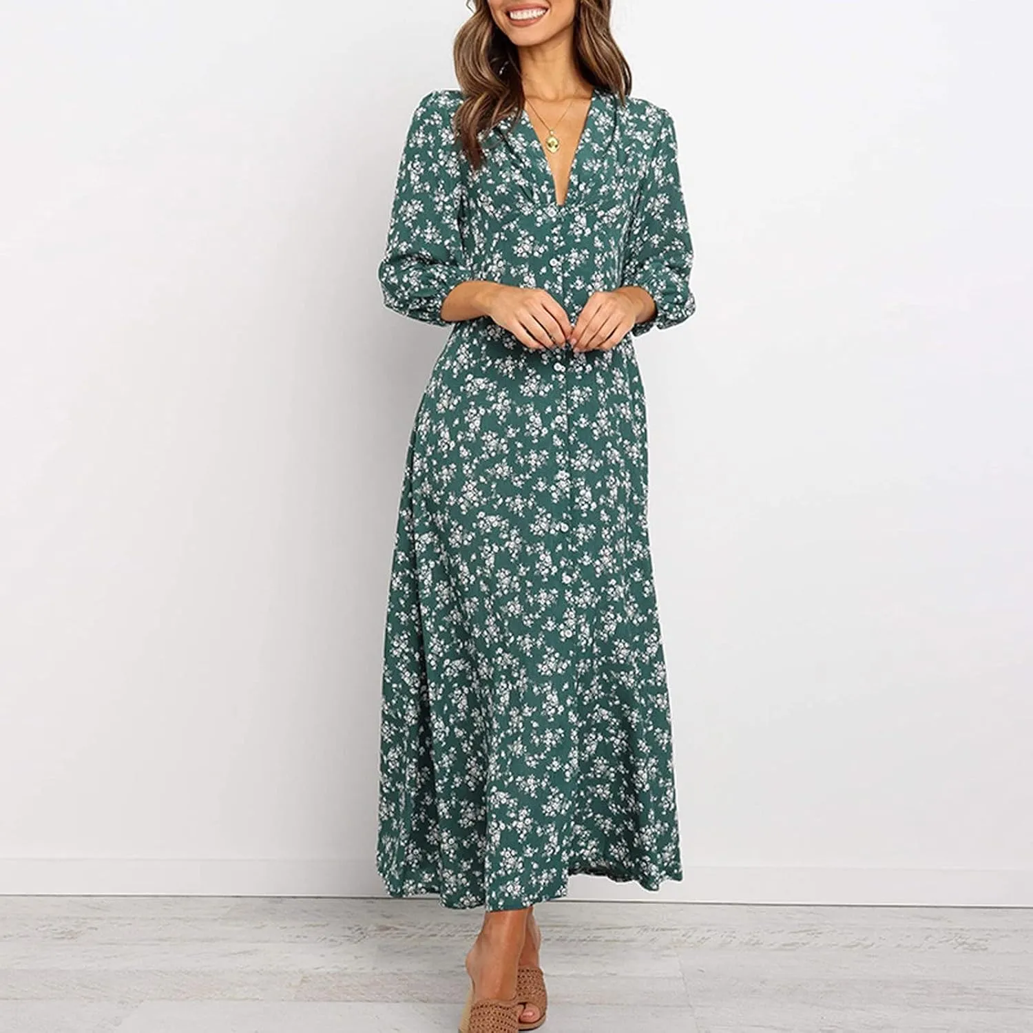Women's Fall Dress 2024 Trendy Long Sleeve Wrap V Neck Dress Ruffle Floral Casual Maxi Dress