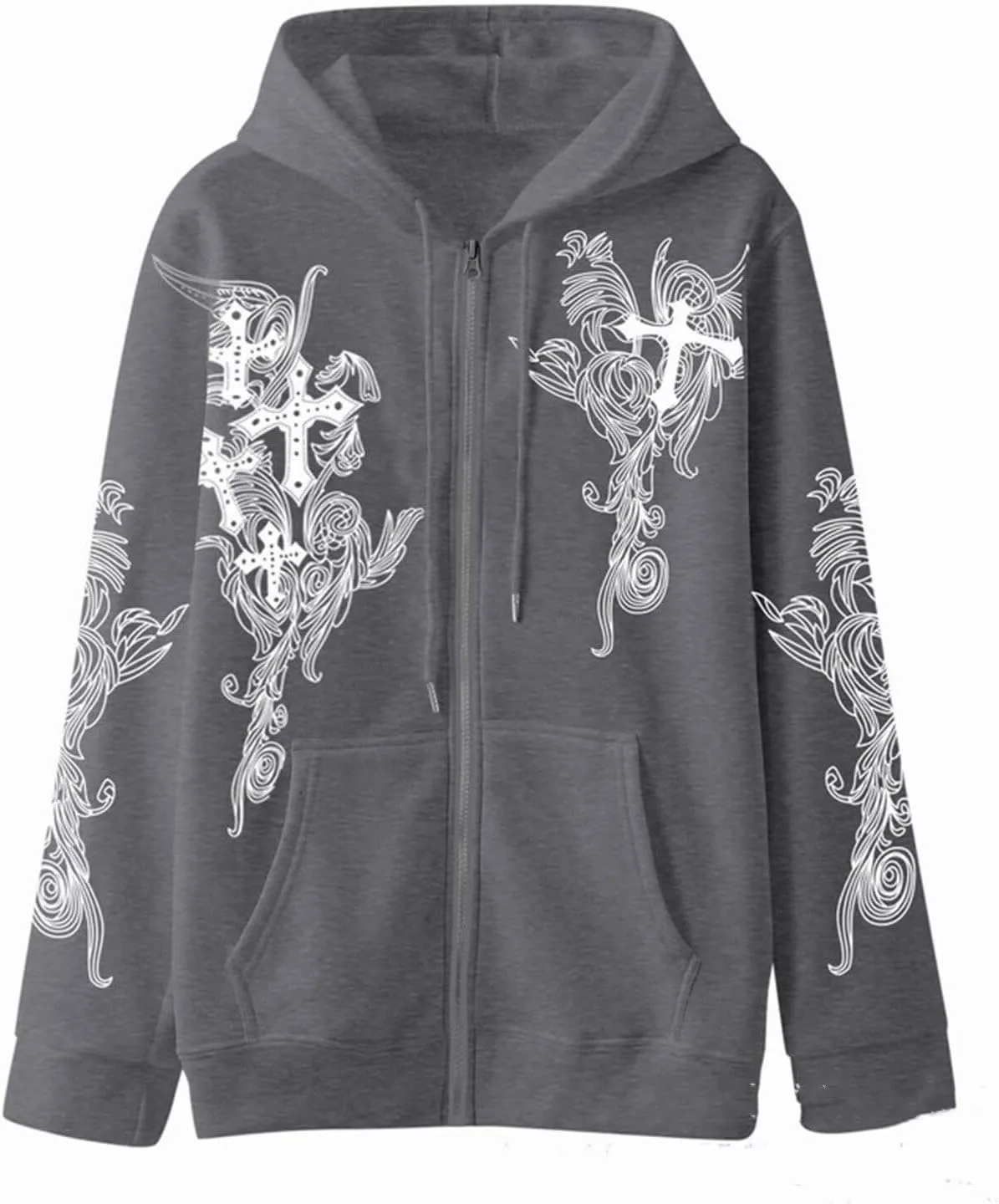 Womens Fall Sweatshirts Cross Totem Print Hooded Sweater Y2K Zipper Hoodies Vintage Outfits Clothes Zip Up Hoodie