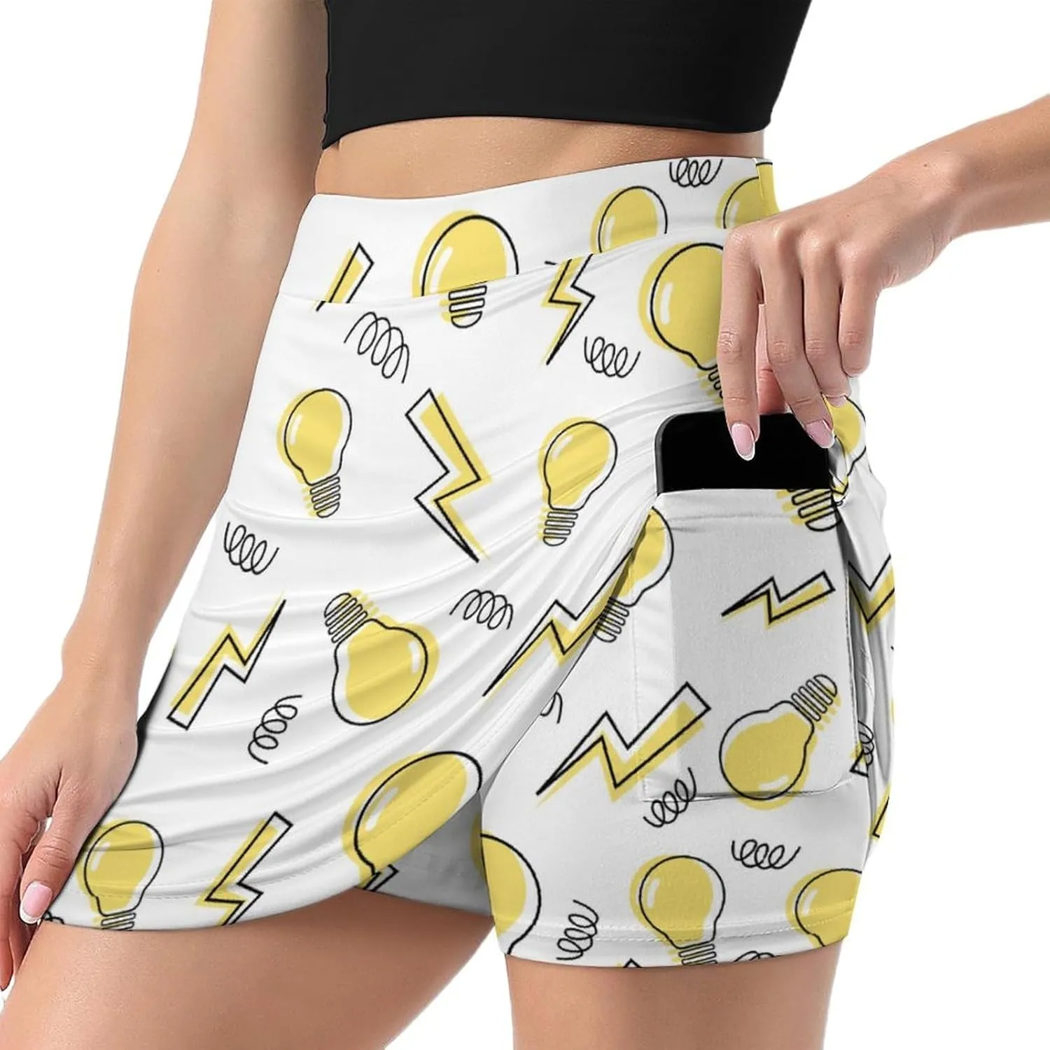 Women's Golf Tennis Skirts Yellow Light Bulb Pattern Inner Shorts High Waisted with Pocket Skort