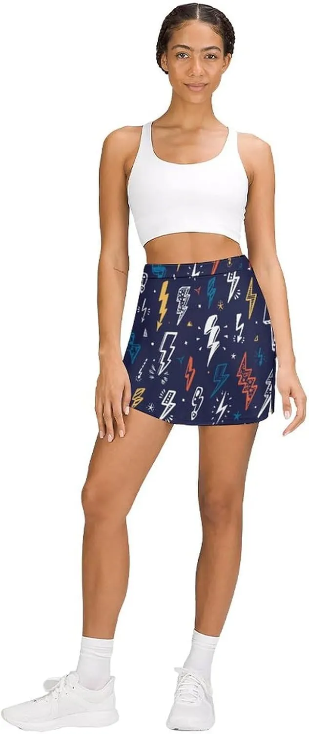 Women's Golf Tennis Skirts Yellow Light Bulb Pattern Inner Shorts High Waisted with Pocket Skort