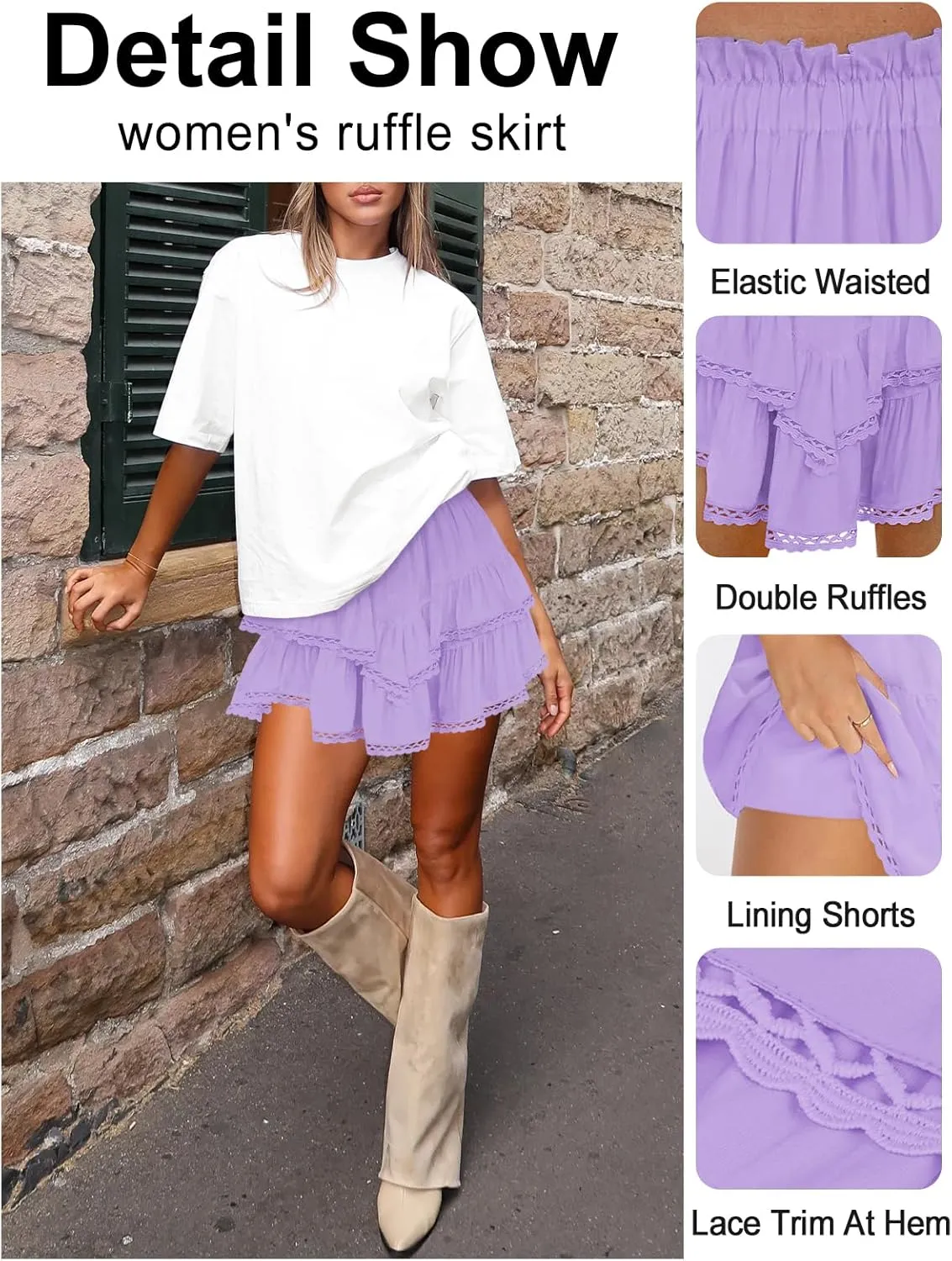 Women's High Waist Ruffle Mini Skirt Lace Trim Flowy Boho Skorts for Women Flared Tiered Golf Tennis Athletic Skirts