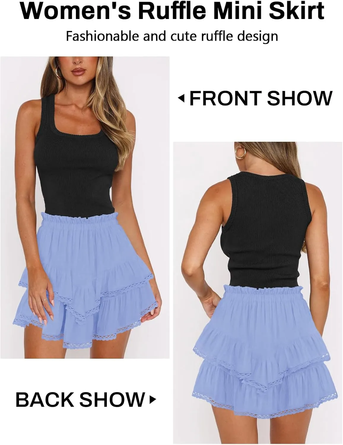 Women's High Waist Ruffle Mini Skirt Lace Trim Flowy Boho Skorts for Women Flared Tiered Golf Tennis Athletic Skirts