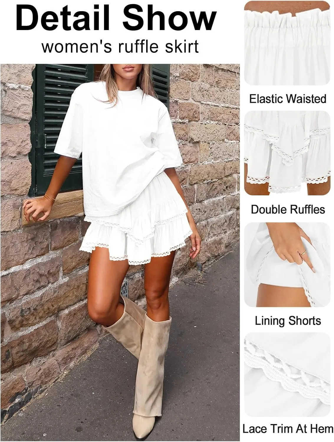 Women's High Waist Ruffle Mini Skirt Lace Trim Flowy Boho Skorts for Women Flared Tiered Golf Tennis Athletic Skirts