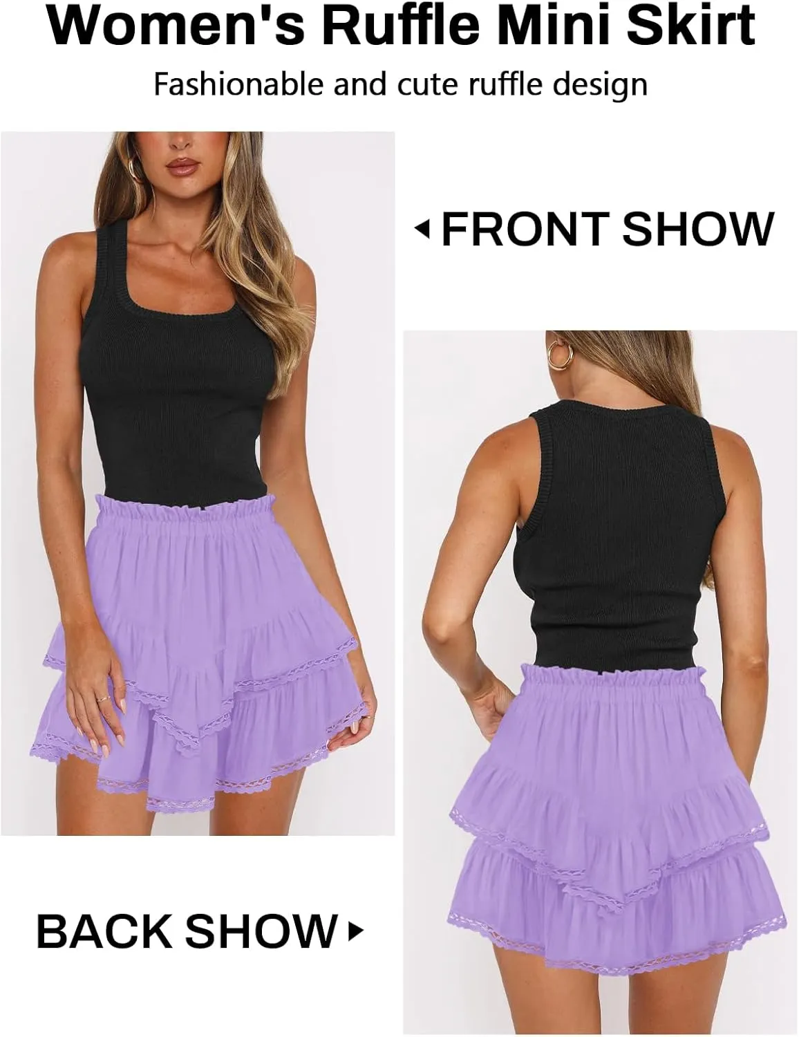 Women's High Waist Ruffle Mini Skirt Lace Trim Flowy Boho Skorts for Women Flared Tiered Golf Tennis Athletic Skirts