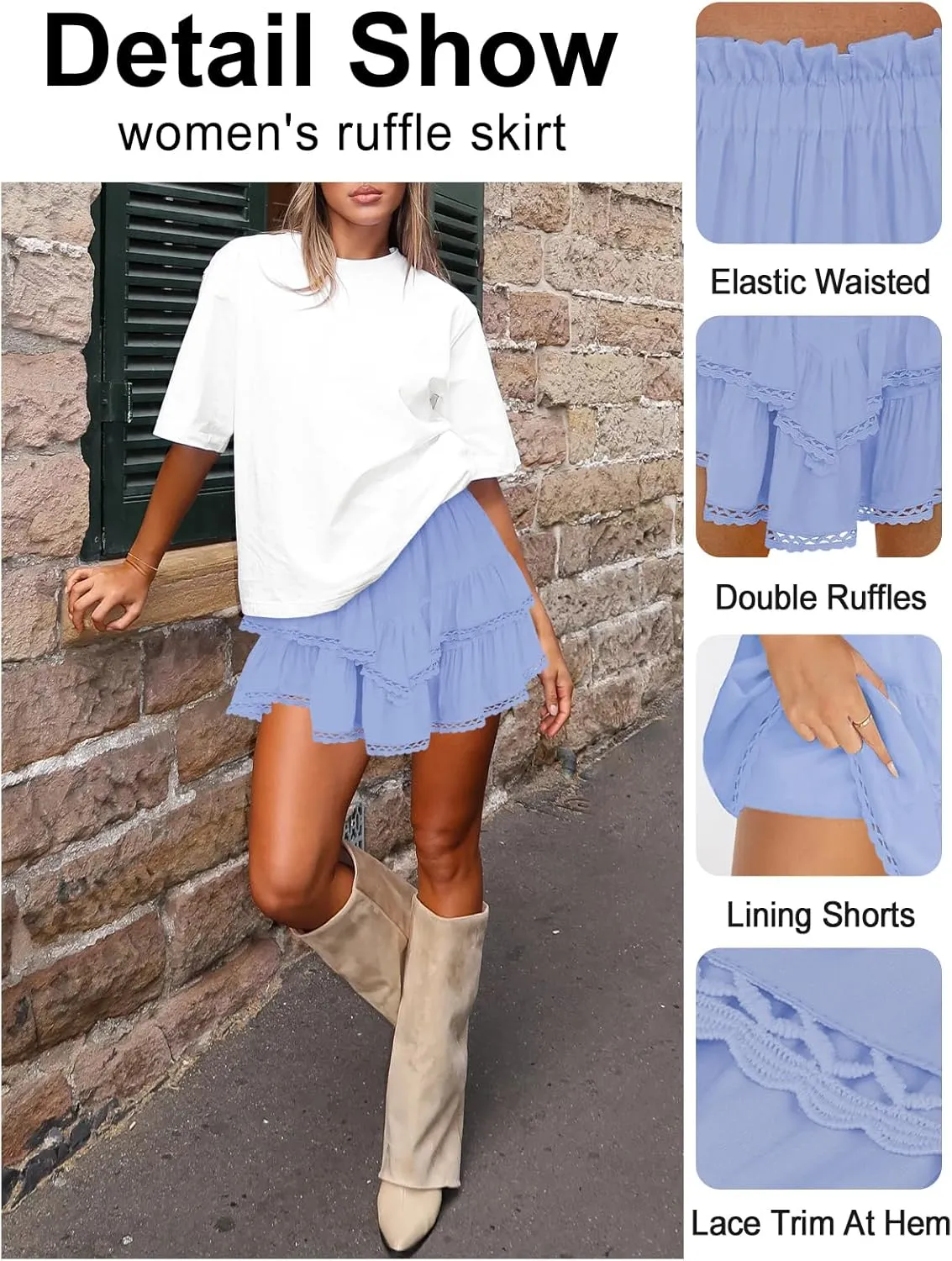 Women's High Waist Ruffle Mini Skirt Lace Trim Flowy Boho Skorts for Women Flared Tiered Golf Tennis Athletic Skirts
