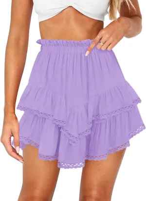 Women's High Waist Ruffle Mini Skirt Lace Trim Flowy Boho Skorts for Women Flared Tiered Golf Tennis Athletic Skirts