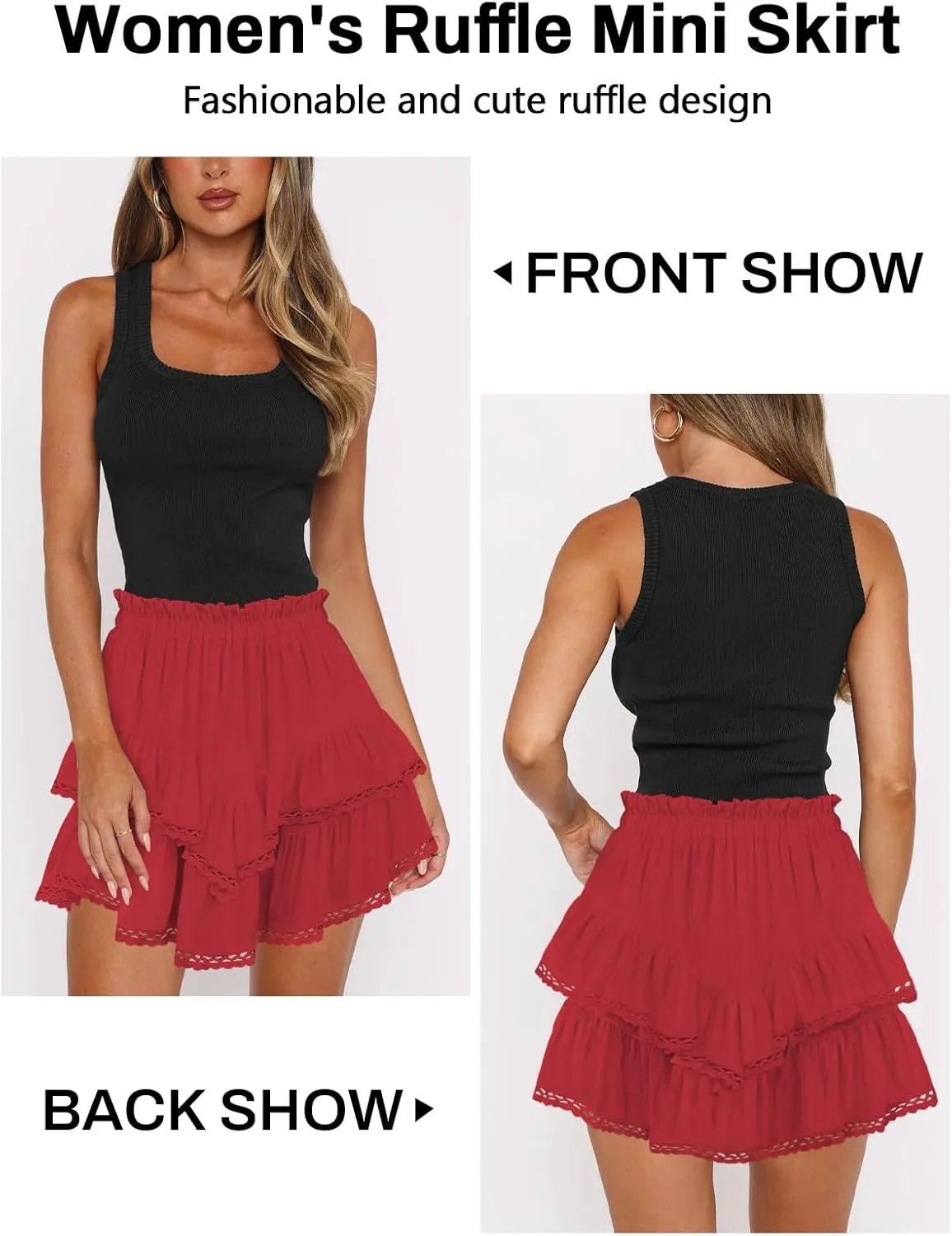 Women's High Waist Ruffle Mini Skirt Lace Trim Flowy Boho Skorts for Women Flared Tiered Golf Tennis Athletic Skirts