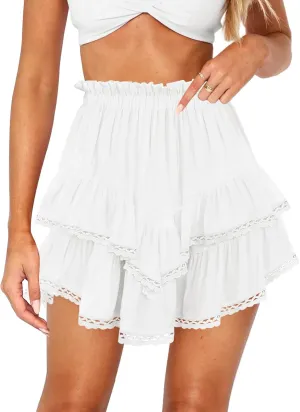 Women's High Waist Ruffle Mini Skirt Lace Trim Flowy Boho Skorts for Women Flared Tiered Golf Tennis Athletic Skirts