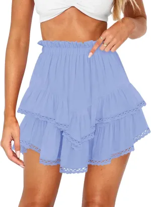 Women's High Waist Ruffle Mini Skirt Lace Trim Flowy Boho Skorts for Women Flared Tiered Golf Tennis Athletic Skirts