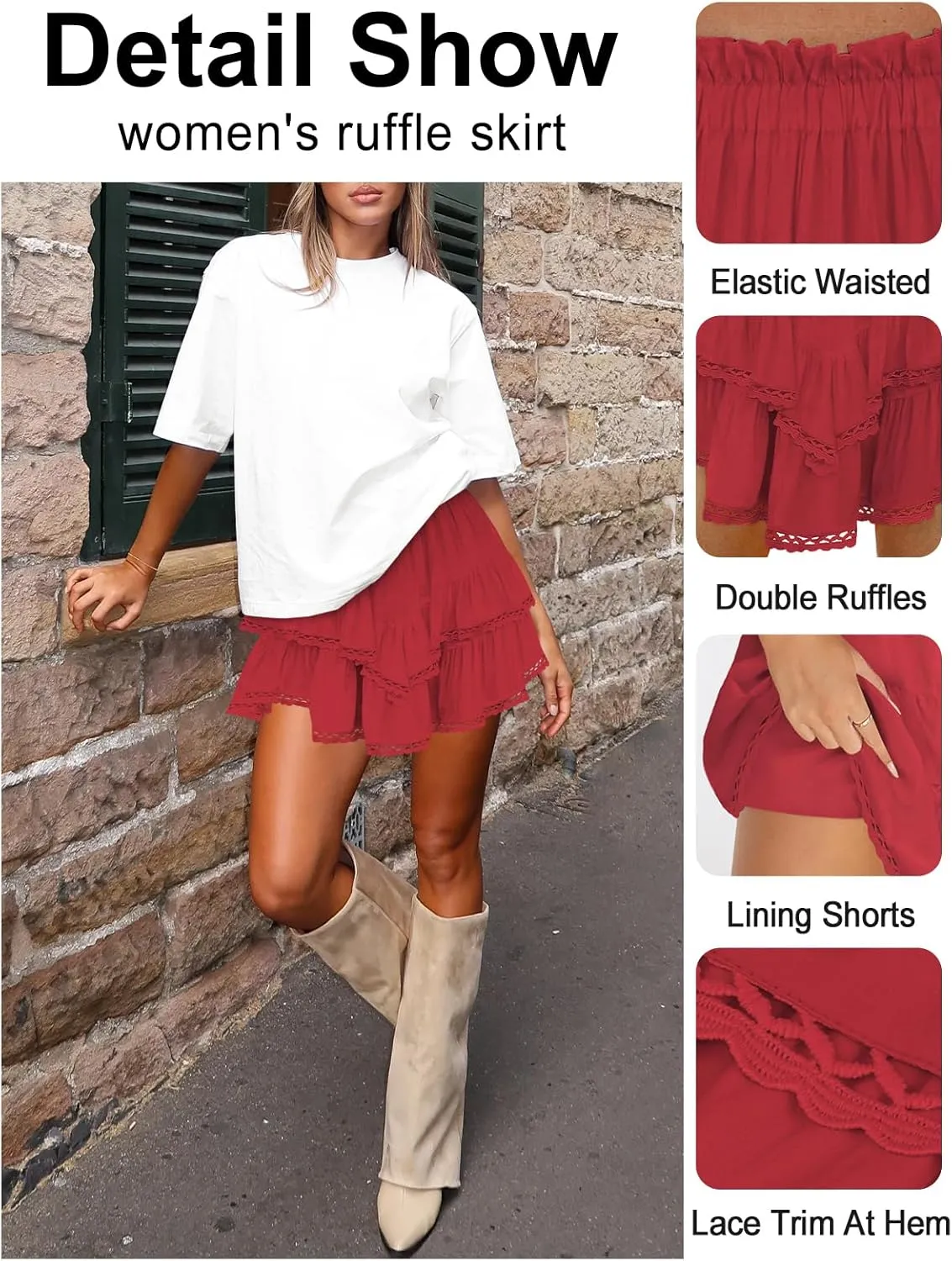 Women's High Waist Ruffle Mini Skirt Lace Trim Flowy Boho Skorts for Women Flared Tiered Golf Tennis Athletic Skirts