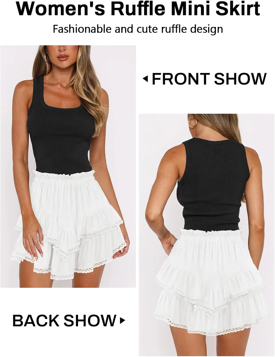 Women's High Waist Ruffle Mini Skirt Lace Trim Flowy Boho Skorts for Women Flared Tiered Golf Tennis Athletic Skirts