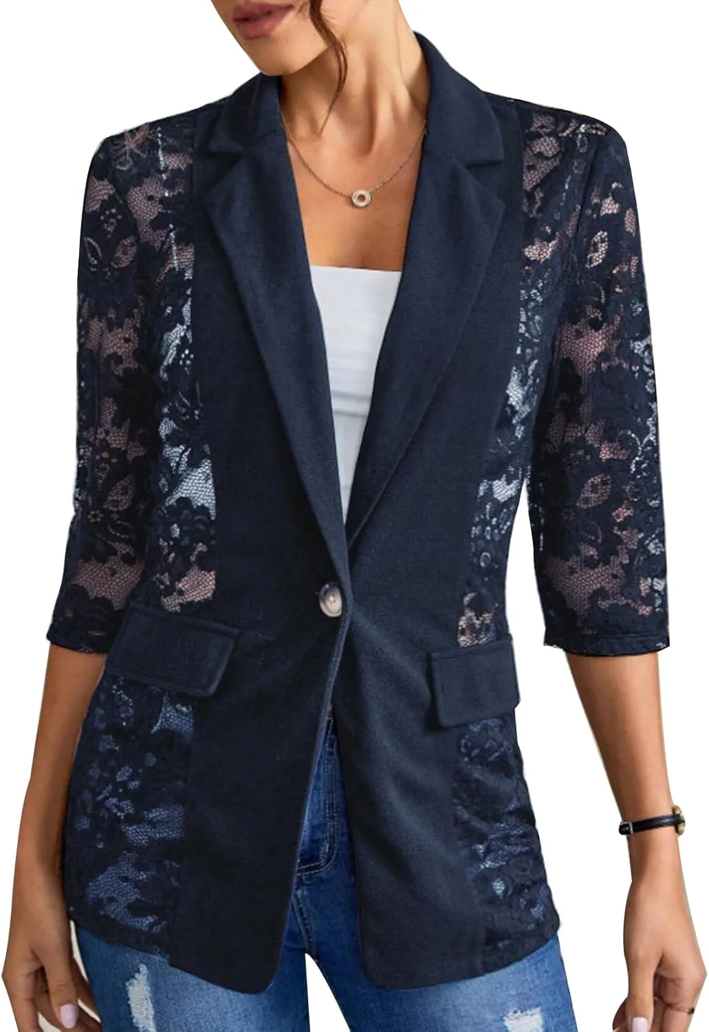 Women's Lace Blazer Open Front 3/4 Sleeve Button Down Sheer Mesh Lace Blazers Elegant Casual Blazer Jacket