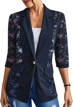 Women's Lace Blazer Open Front 3/4 Sleeve Button Down Sheer Mesh Lace Blazers Elegant Casual Blazer Jacket