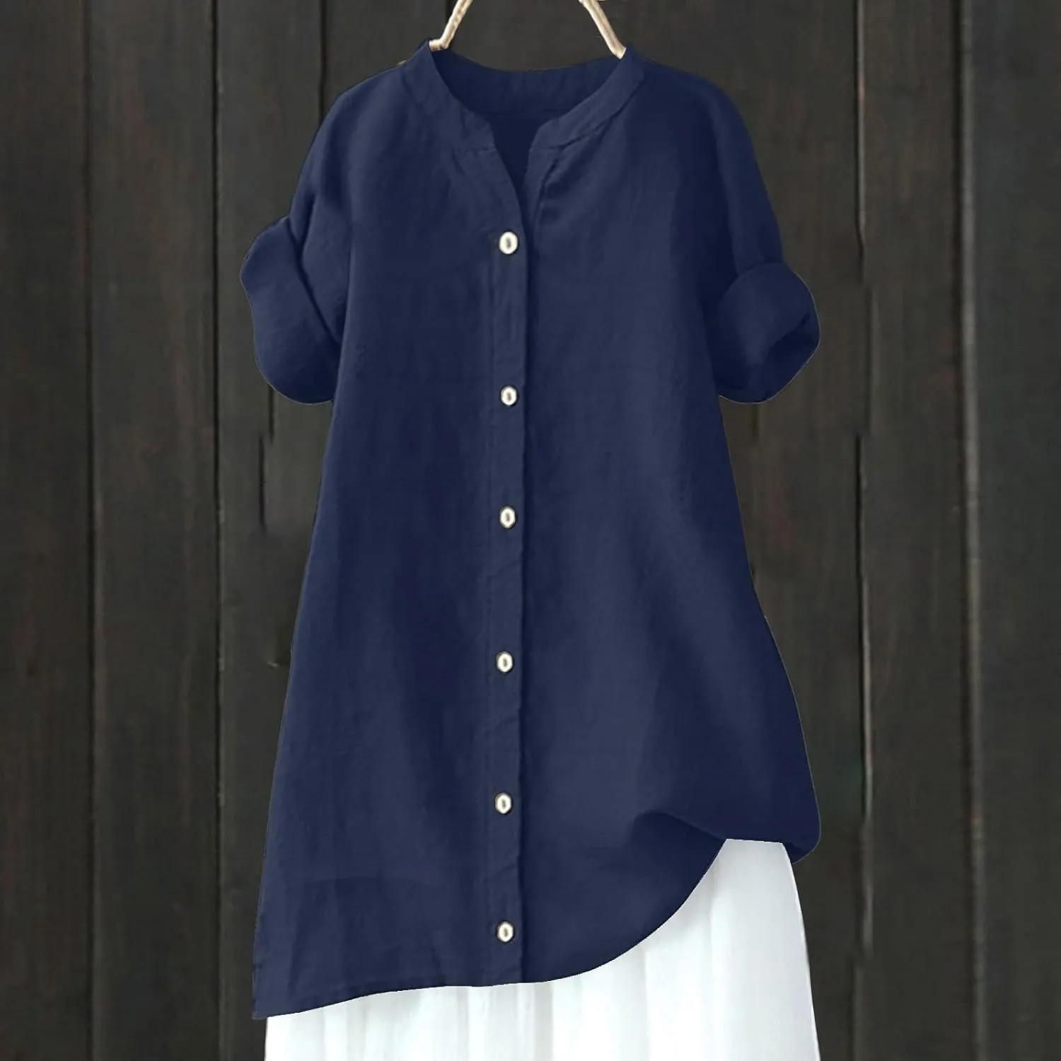 Womens Linen Button Down Shirts Short Sleeve Oversized Boyfriend Solid Tunic Tops Casual Dressy Tunics