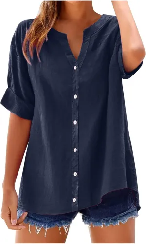 Womens Linen Button Down Shirts Short Sleeve Oversized Boyfriend Solid Tunic Tops Casual Dressy Tunics