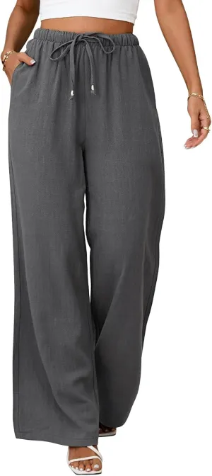 Womens Linen Pants High Waisted Wide Leg Trousers Summer Palazzo Casual Pant Flowy Drawstring Beach Pants