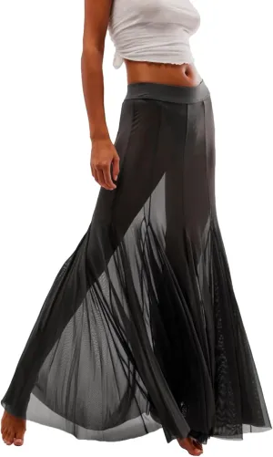 Womens Maxi Skirts Mesh Pleated 2025 Summer Trendy Sexy Club Sheer Boho Beach Cover Up Flowy Long Tulle Skirt