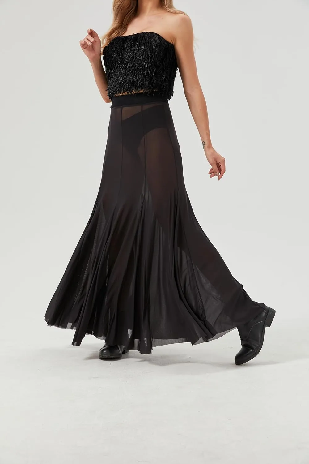Womens Maxi Skirts Mesh Pleated 2025 Summer Trendy Sexy Club Sheer Boho Beach Cover Up Flowy Long Tulle Skirt