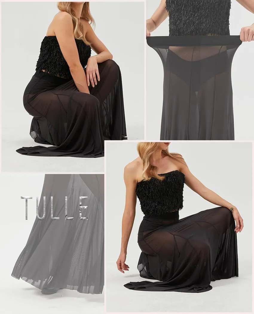 Womens Maxi Skirts Mesh Pleated 2025 Summer Trendy Sexy Club Sheer Boho Beach Cover Up Flowy Long Tulle Skirt