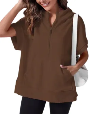 Womens Oversized Casual Half Zip Short Sleeve Hoodies With Pocket,Fashion Summer Sweatshirts Pullover with Zipper