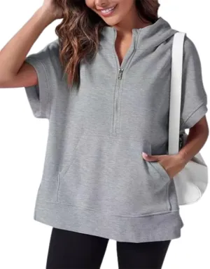 Womens Oversized Casual Half Zip Short Sleeve Hoodies With Pocket,Fashion Summer Sweatshirts Pullover with Zipper
