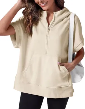 Womens Oversized Casual Half Zip Short Sleeve Hoodies With Pocket,Fashion Summer Sweatshirts Pullover with Zipper