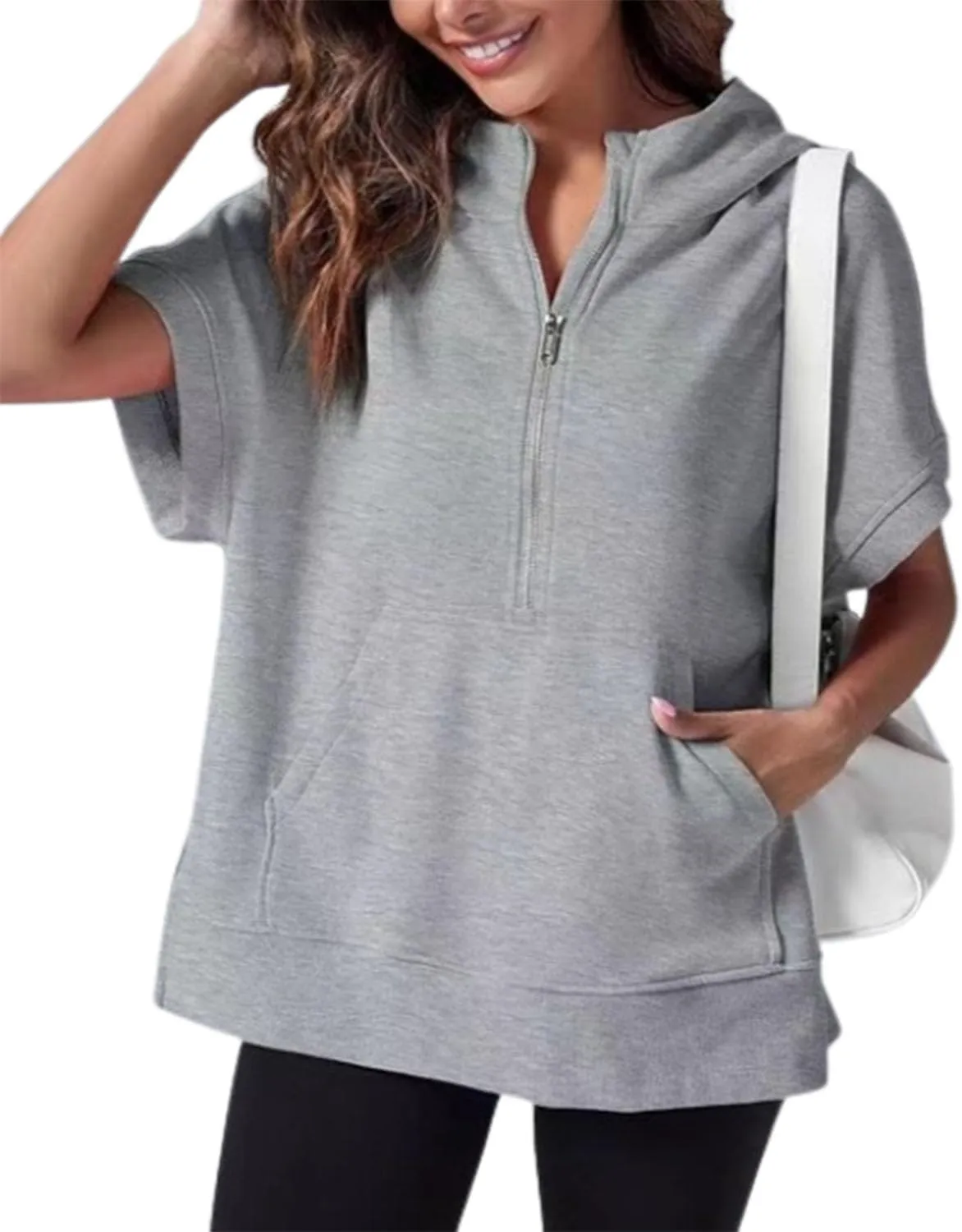 Womens Oversized Casual Half Zip Short Sleeve Hoodies With Pocket,Fashion Summer Sweatshirts Pullover with Zipper