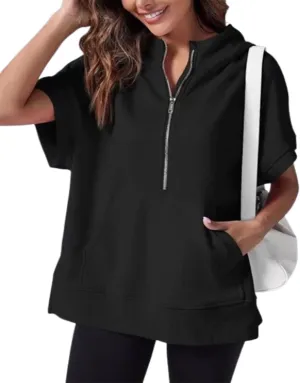 Womens Oversized Casual Half Zip Short Sleeve Hoodies With Pocket,Fashion Summer Sweatshirts Pullover with Zipper