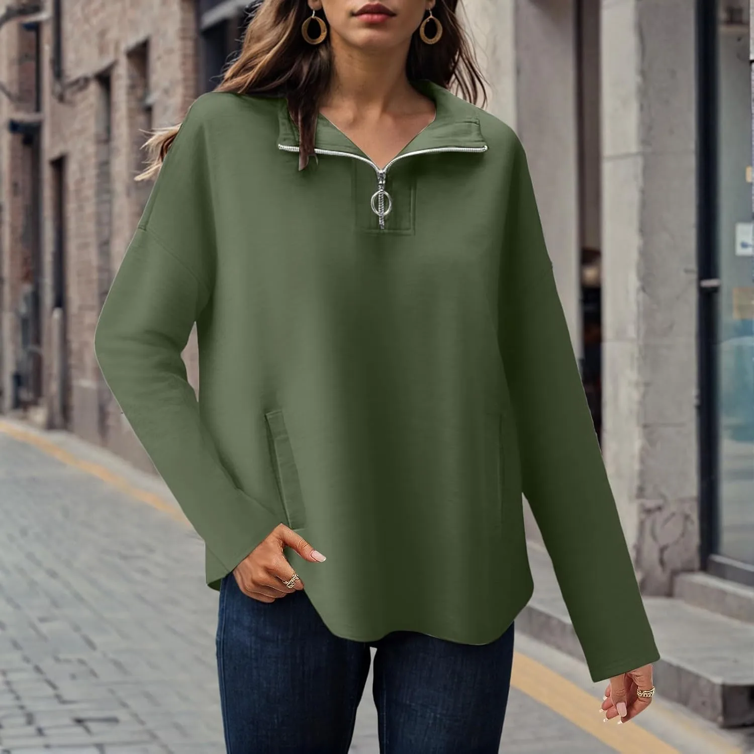 Women's Oversized Hoodies Casual Long Sleeve Half Zipper Pocket Sweatshirt Pullover Tops