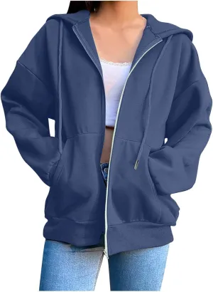 Womens Oversized Zip Up Hoodie Trendy Drawstring Long Sleeve Fall Jackets Casual Teen Girls Y2k Hooded Sweatshirts