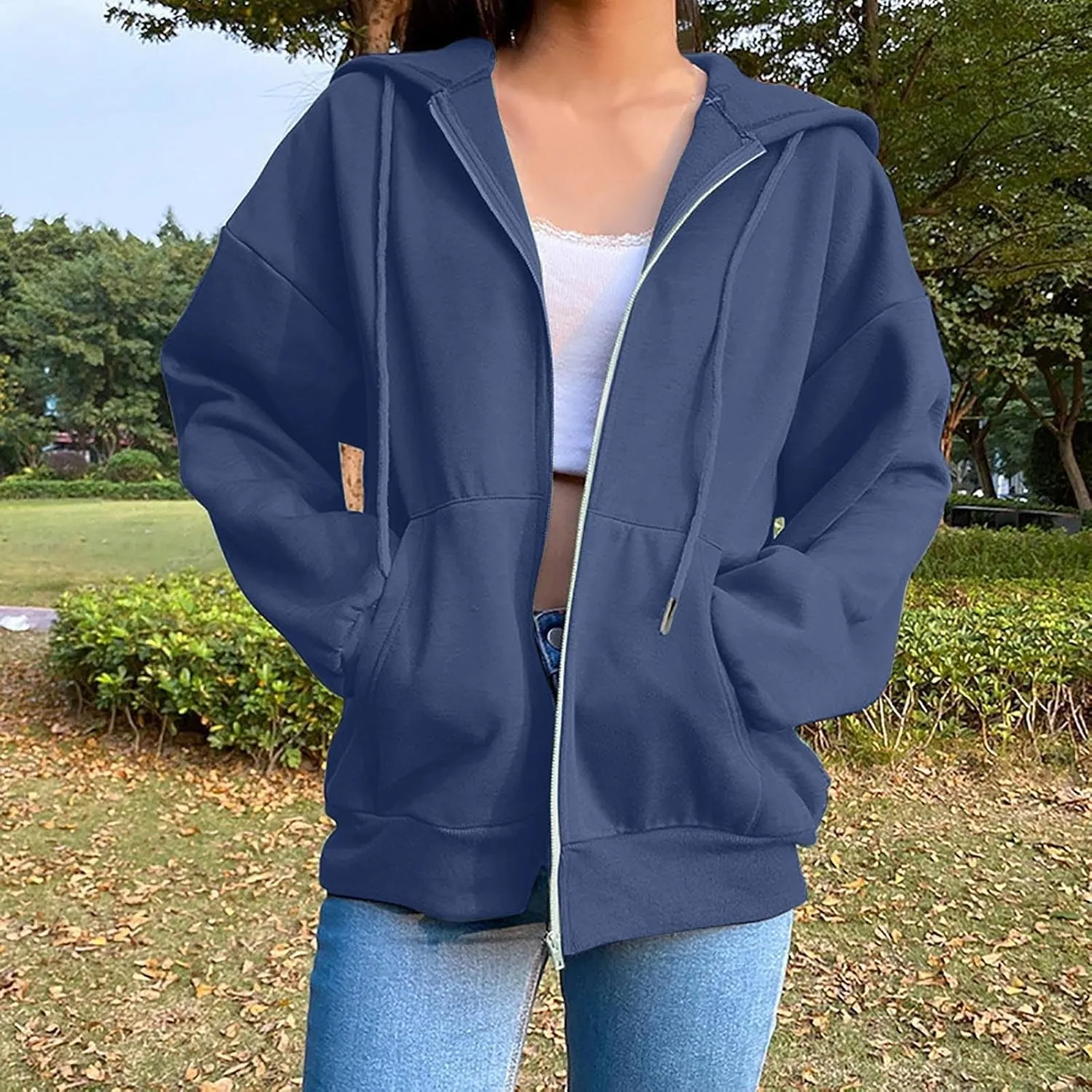 Womens Oversized Zip Up Hoodie Trendy Drawstring Long Sleeve Fall Jackets Casual Teen Girls Y2k Hooded Sweatshirts