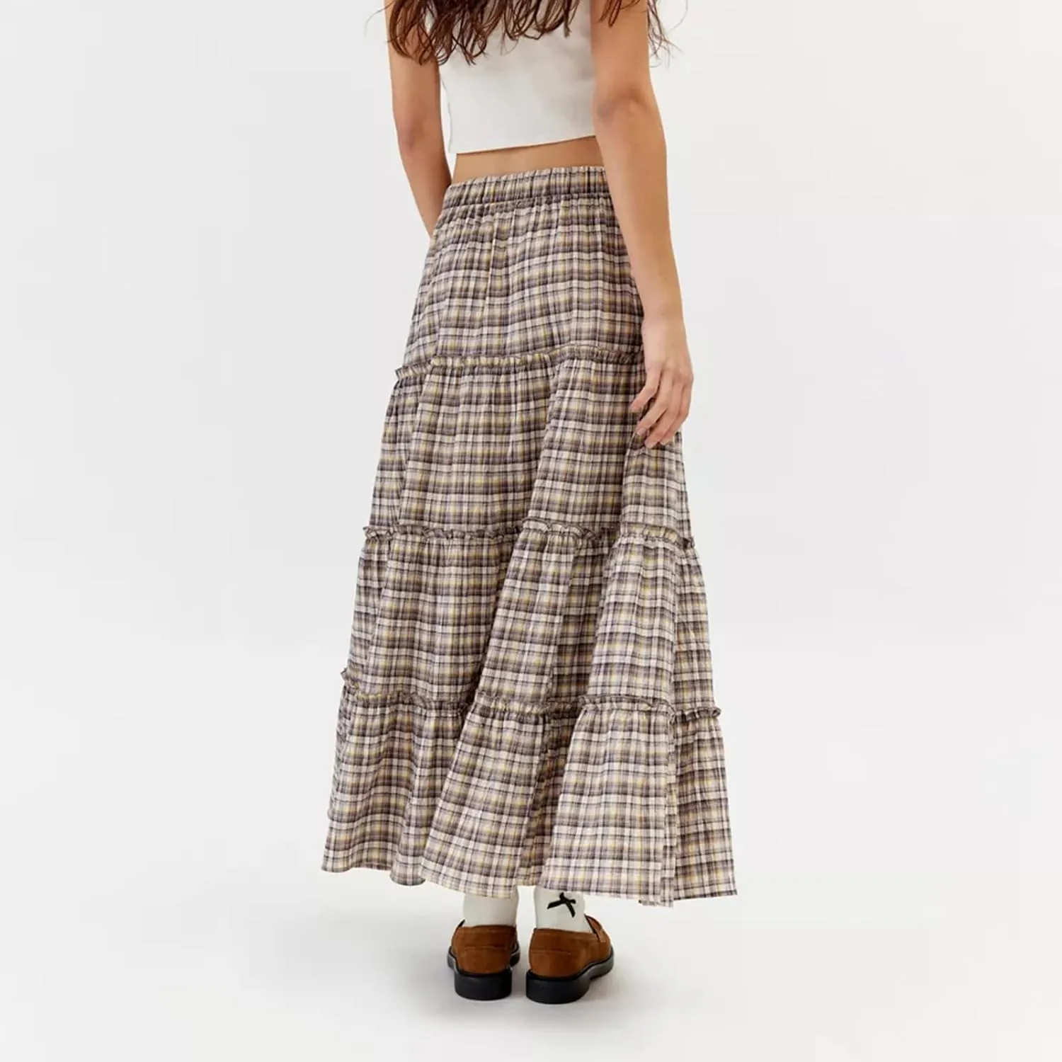 Women's Plaid Tiered Skirt Y2K Elastic Waist Gingham Flowy A-Line Long Skirt Boho Swing Long Skirt Beachwear