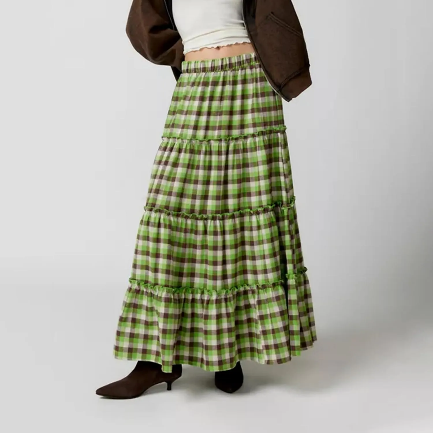 Women's Plaid Tiered Skirt Y2K Elastic Waist Gingham Flowy A-Line Long Skirt Boho Swing Long Skirt Beachwear