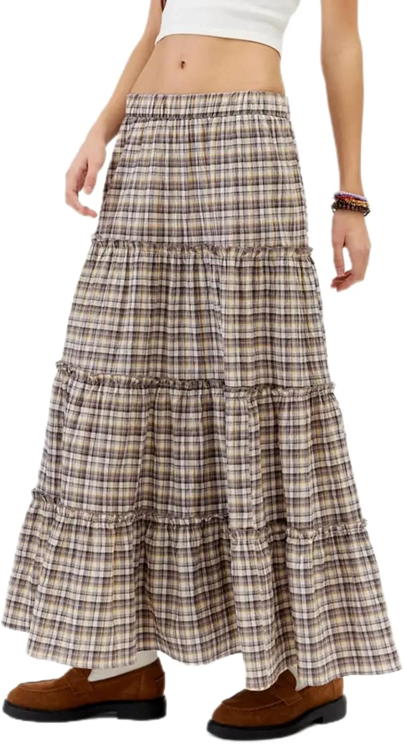 Women's Plaid Tiered Skirt Y2K Elastic Waist Gingham Flowy A-Line Long Skirt Boho Swing Long Skirt Beachwear