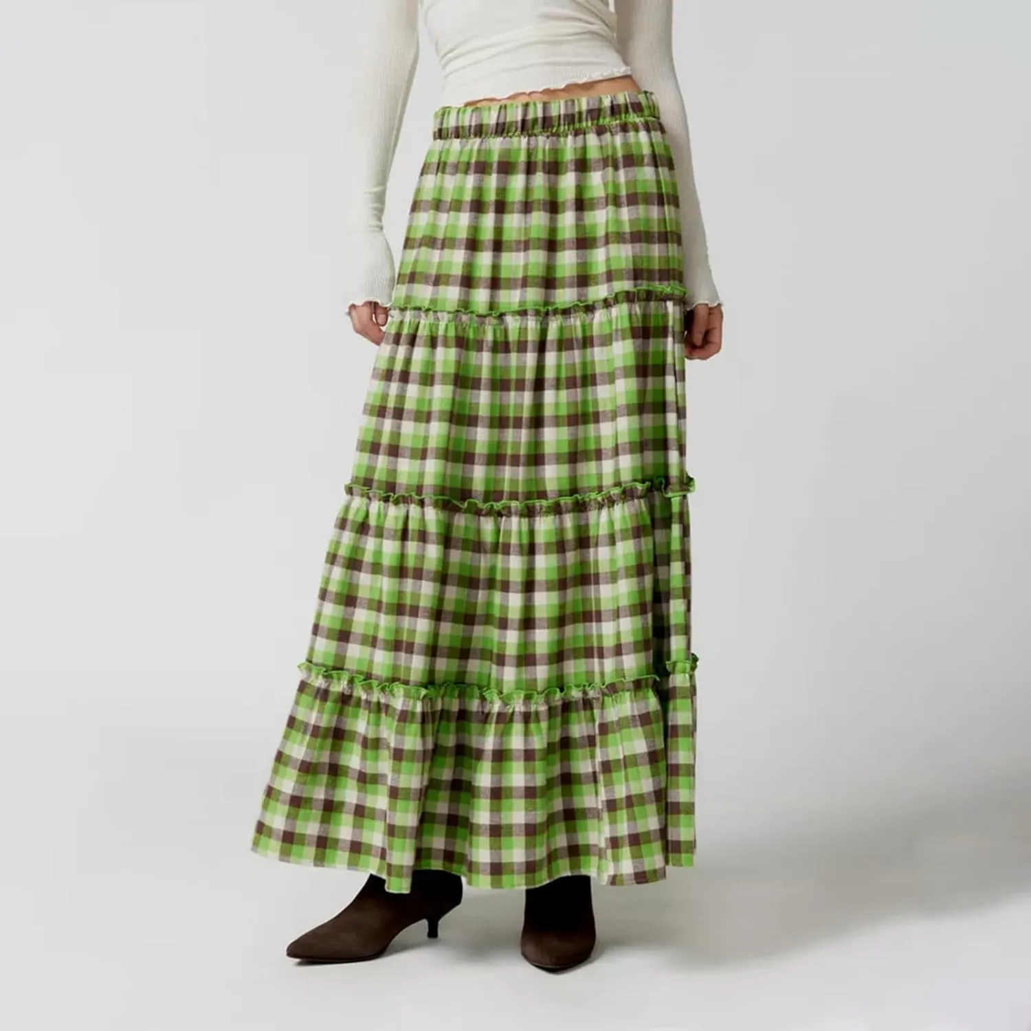 Women's Plaid Tiered Skirt Y2K Elastic Waist Gingham Flowy A-Line Long Skirt Boho Swing Long Skirt Beachwear