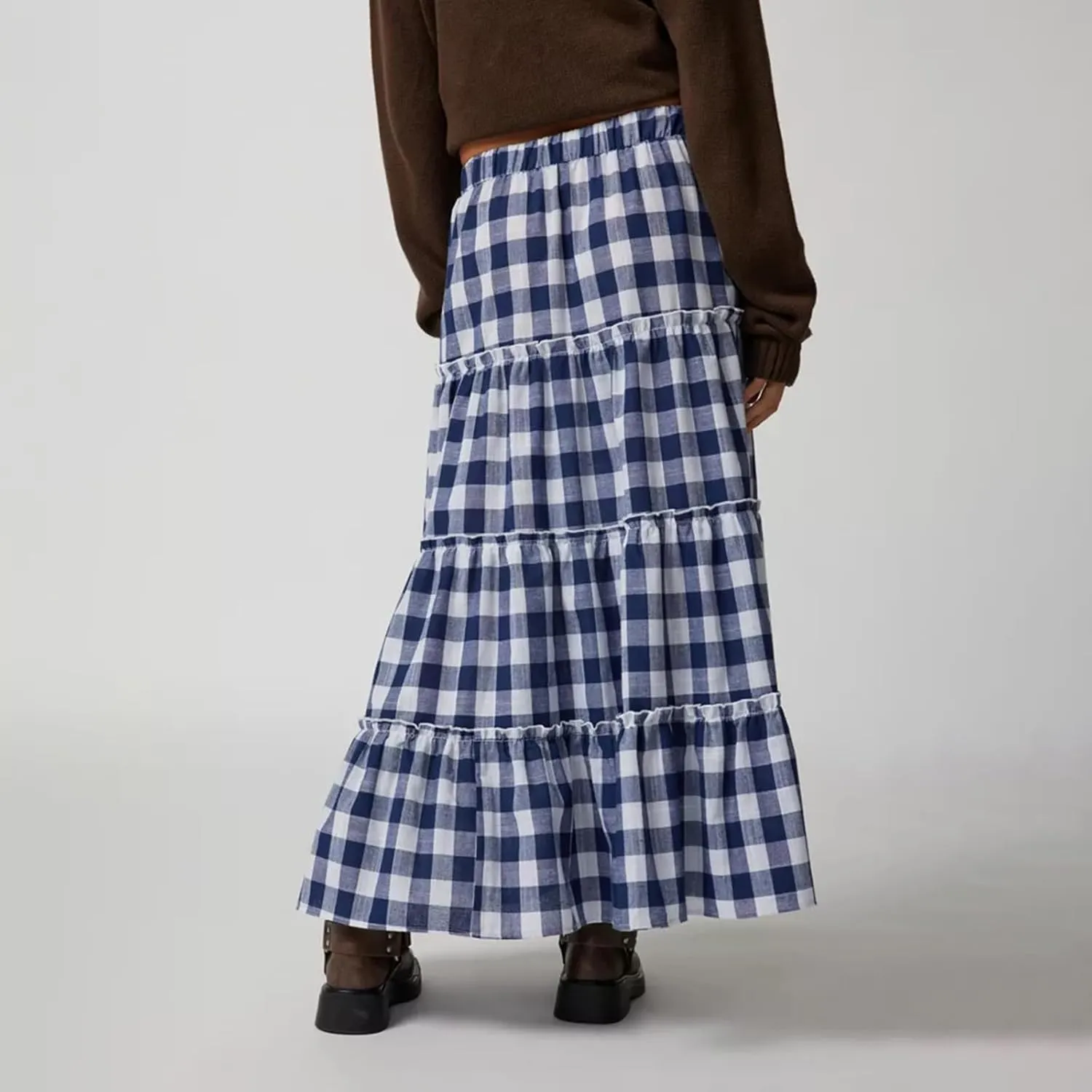 Women's Plaid Tiered Skirt Y2K Elastic Waist Gingham Flowy A-Line Long Skirt Boho Swing Long Skirt Beachwear
