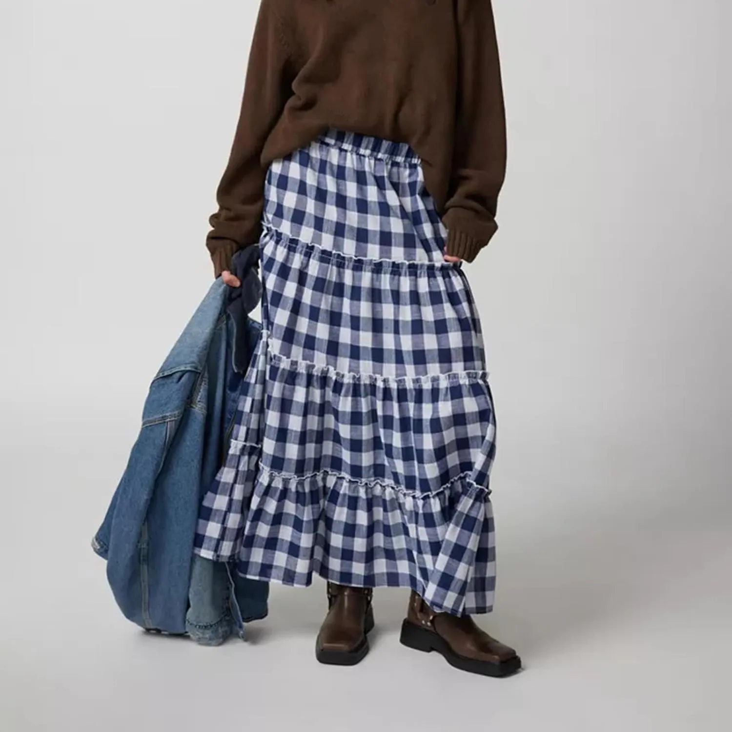 Women's Plaid Tiered Skirt Y2K Elastic Waist Gingham Flowy A-Line Long Skirt Boho Swing Long Skirt Beachwear