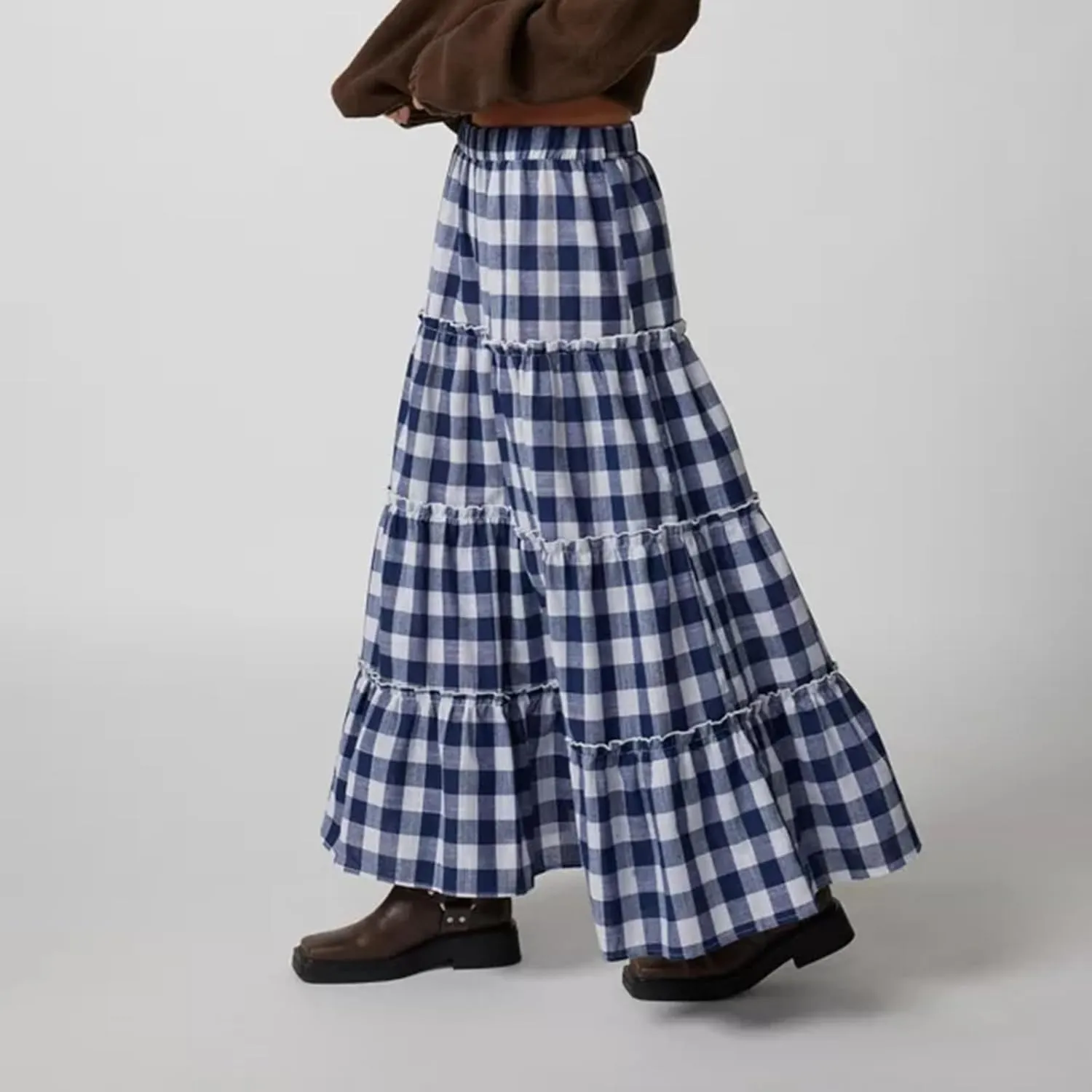 Women's Plaid Tiered Skirt Y2K Elastic Waist Gingham Flowy A-Line Long Skirt Boho Swing Long Skirt Beachwear