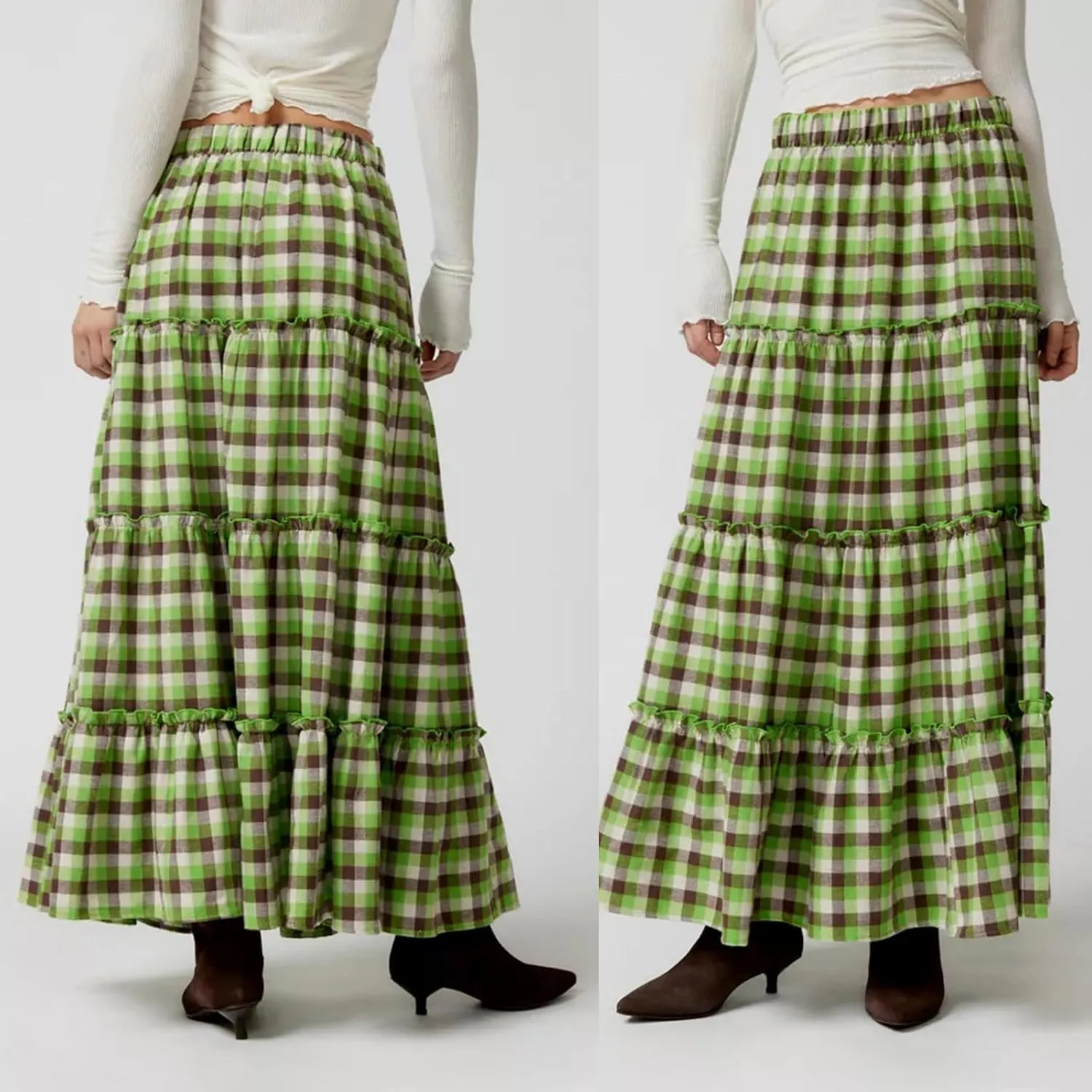 Women's Plaid Tiered Skirt Y2K Elastic Waist Gingham Flowy A-Line Long Skirt Boho Swing Long Skirt Beachwear