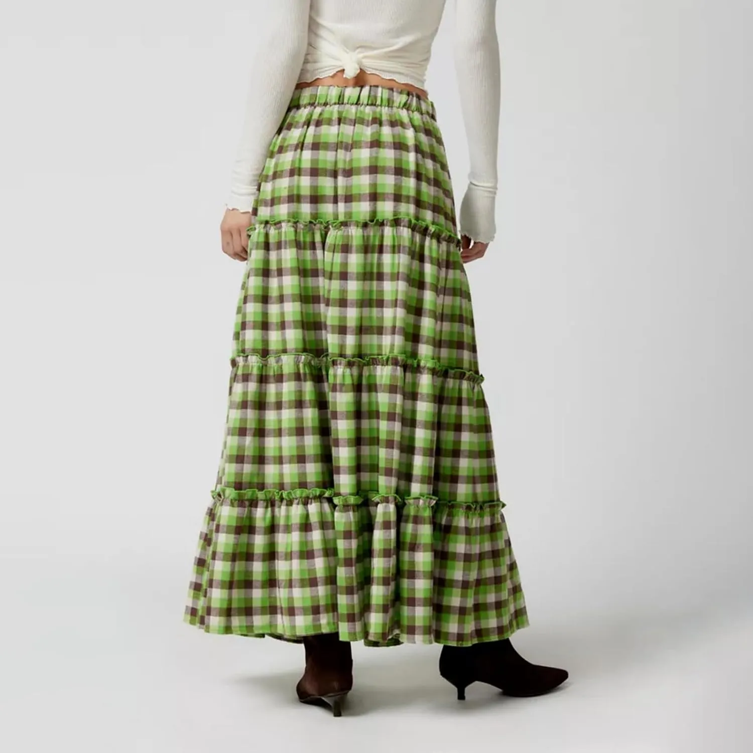 Women's Plaid Tiered Skirt Y2K Elastic Waist Gingham Flowy A-Line Long Skirt Boho Swing Long Skirt Beachwear