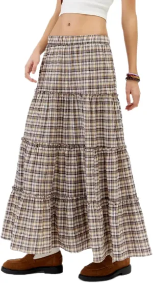 Women's Plaid Tiered Skirt Y2K Elastic Waist Gingham Flowy A-Line Long Skirt Boho Swing Long Skirt Beachwear