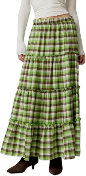 Women's Plaid Tiered Skirt Y2K Elastic Waist Gingham Flowy A-Line Long Skirt Boho Swing Long Skirt Beachwear