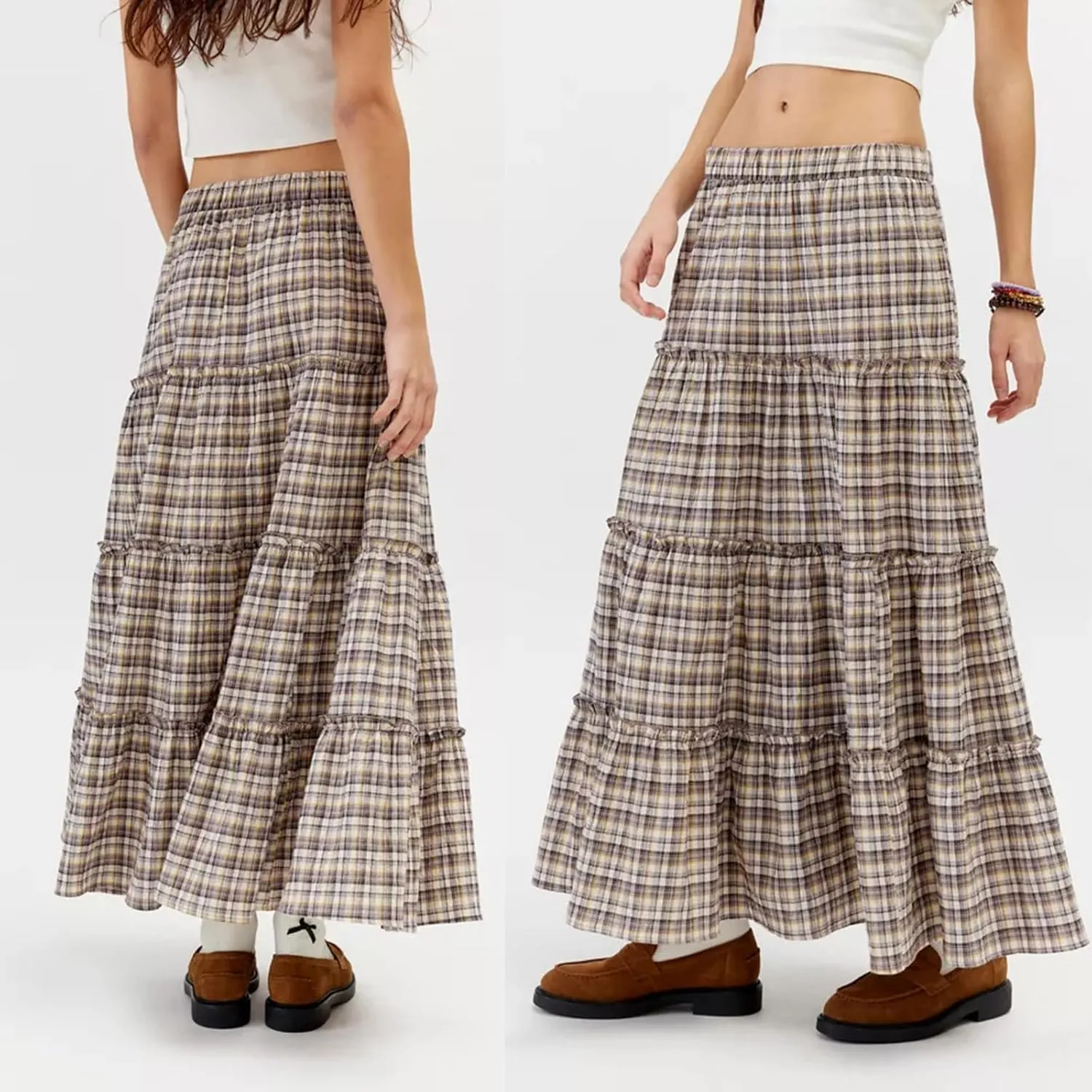 Women's Plaid Tiered Skirt Y2K Elastic Waist Gingham Flowy A-Line Long Skirt Boho Swing Long Skirt Beachwear