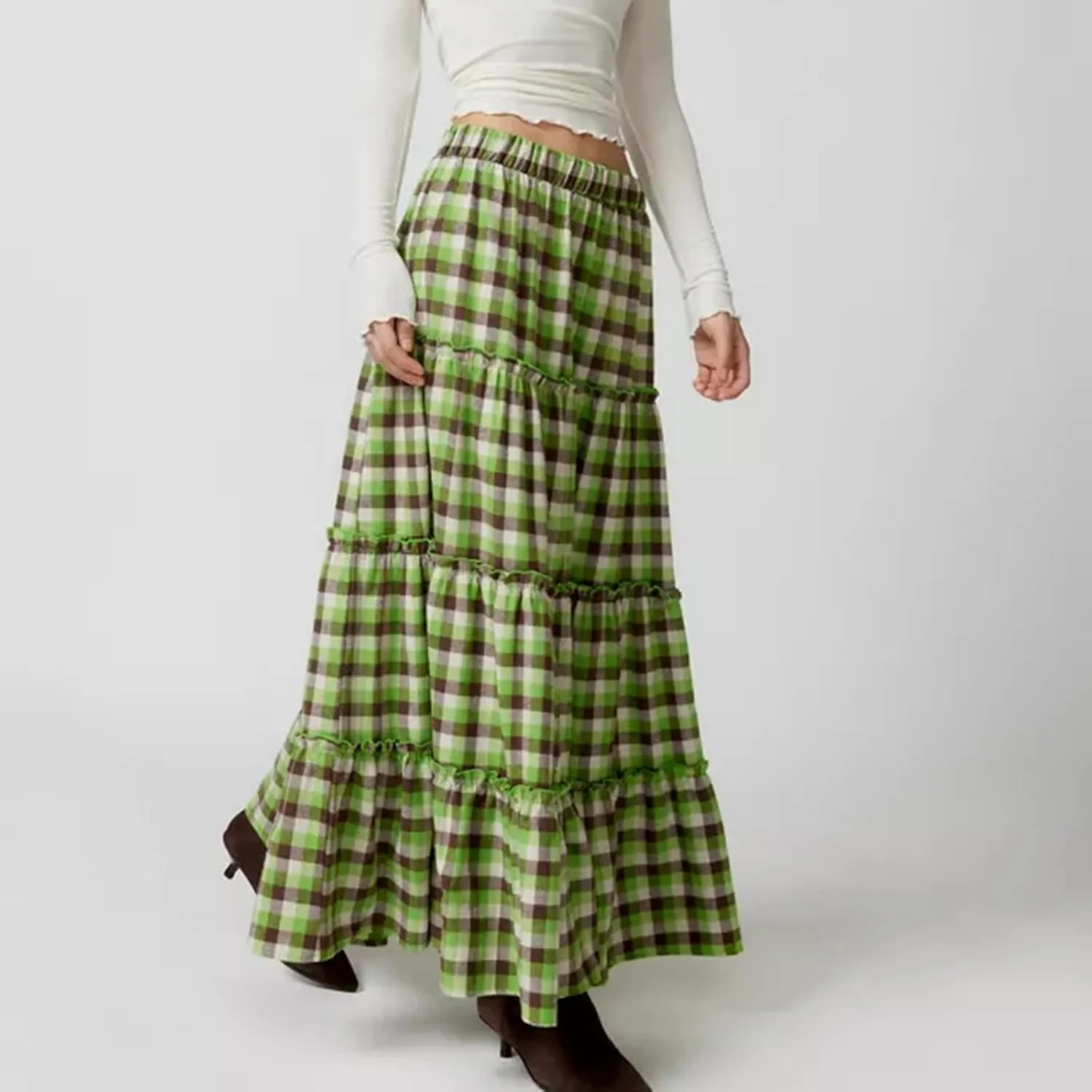 Women's Plaid Tiered Skirt Y2K Elastic Waist Gingham Flowy A-Line Long Skirt Boho Swing Long Skirt Beachwear