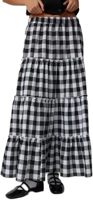 Women's Plaid Tiered Skirt Y2K Elastic Waist Gingham Flowy A-Line Long Skirt Boho Swing Long Skirt Beachwear