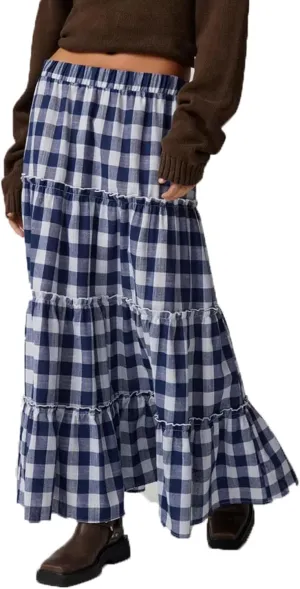 Women's Plaid Tiered Skirt Y2K Elastic Waist Gingham Flowy A-Line Long Skirt Boho Swing Long Skirt Beachwear