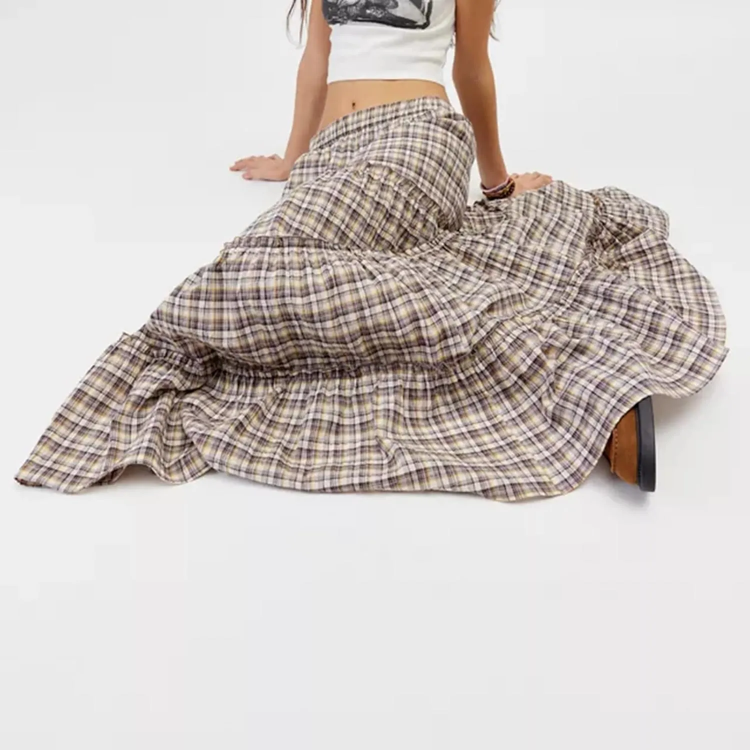Women's Plaid Tiered Skirt Y2K Elastic Waist Gingham Flowy A-Line Long Skirt Boho Swing Long Skirt Beachwear