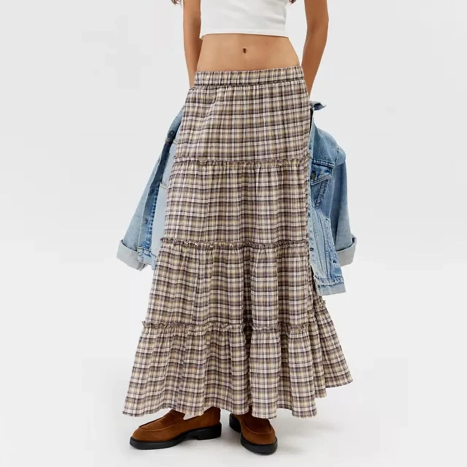 Women's Plaid Tiered Skirt Y2K Elastic Waist Gingham Flowy A-Line Long Skirt Boho Swing Long Skirt Beachwear