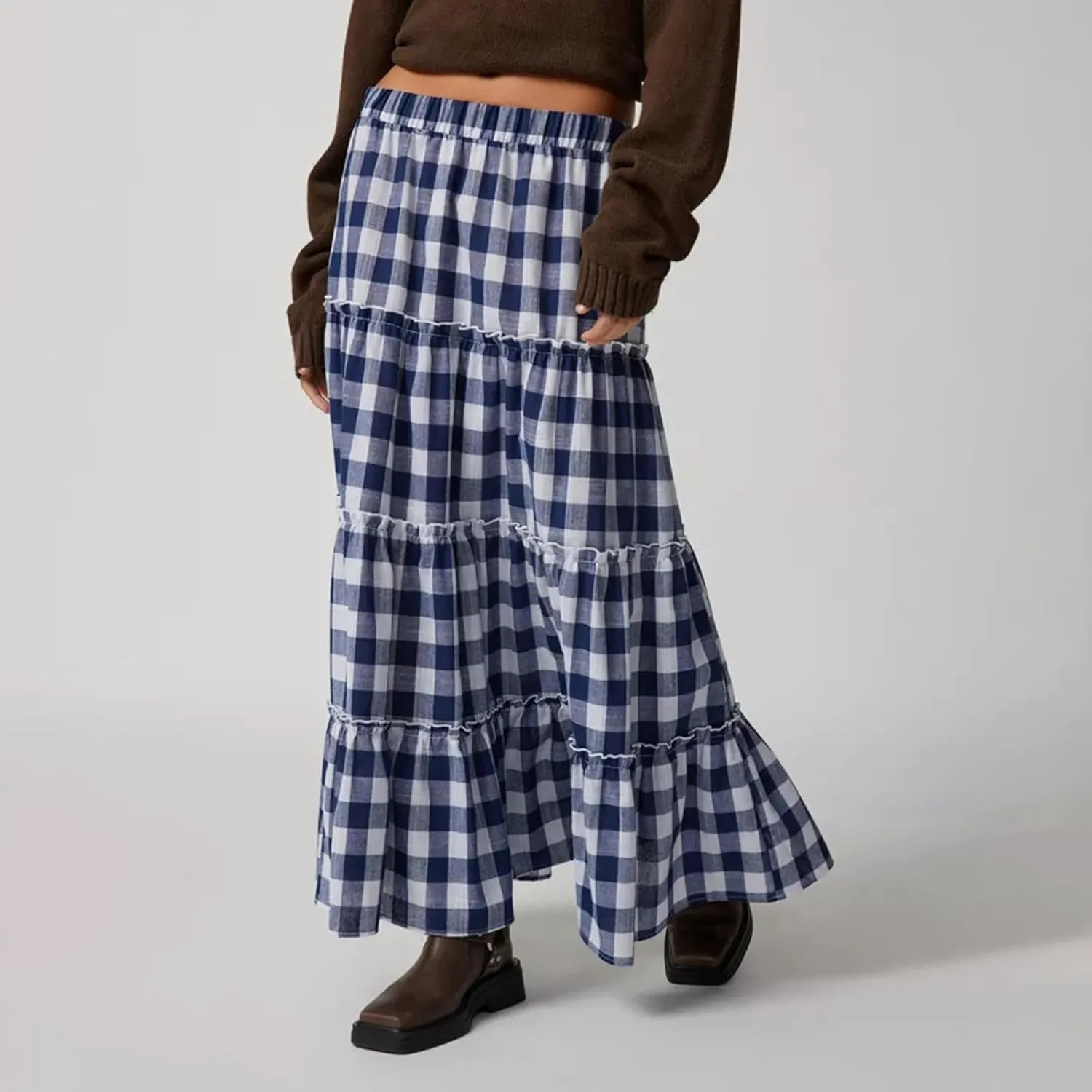 Women's Plaid Tiered Skirt Y2K Elastic Waist Gingham Flowy A-Line Long Skirt Boho Swing Long Skirt Beachwear