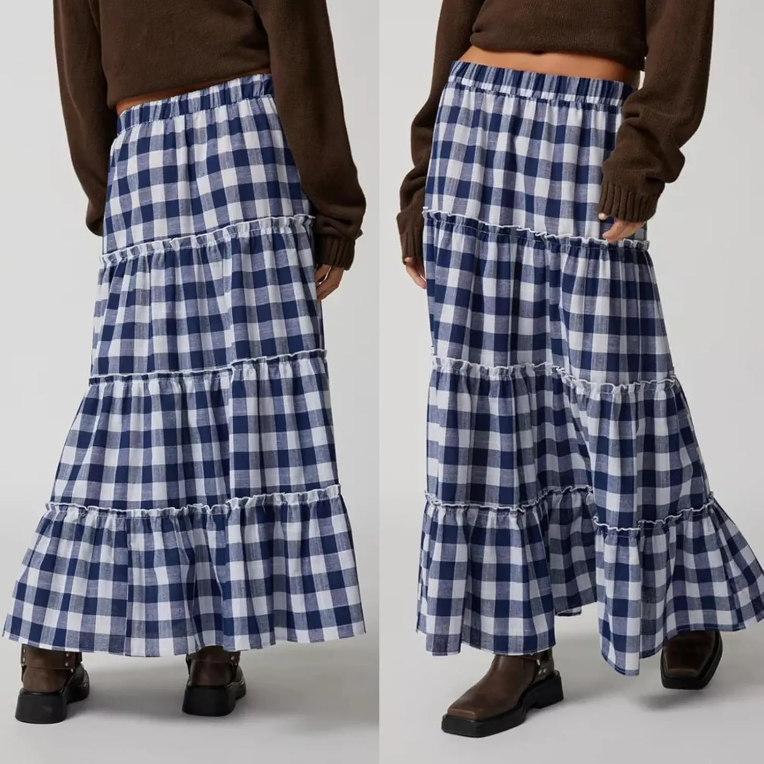 Women's Plaid Tiered Skirt Y2K Elastic Waist Gingham Flowy A-Line Long Skirt Boho Swing Long Skirt Beachwear
